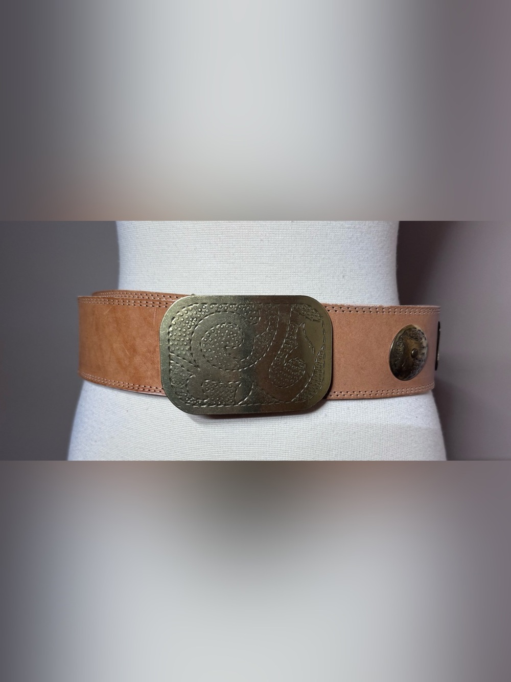 Vintage Wide Leather Concho Belt Western Boho Brass Tone Medium